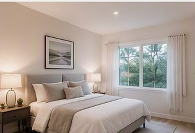 Rendering of a bedroom with a full size bed, window and bedside lamps