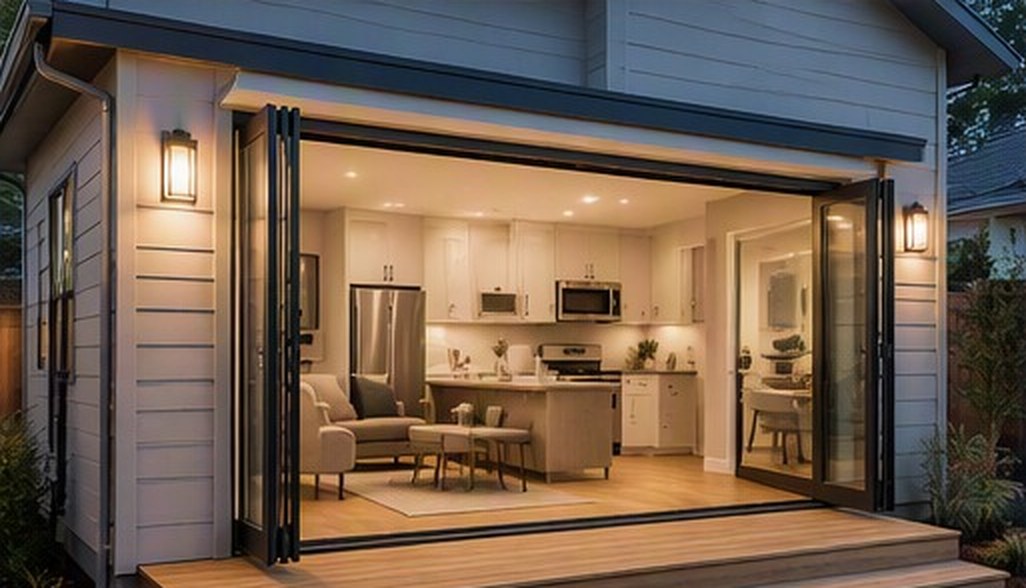 Rendering of folding glass doors opened onto a deck, connecting the living area to the garden