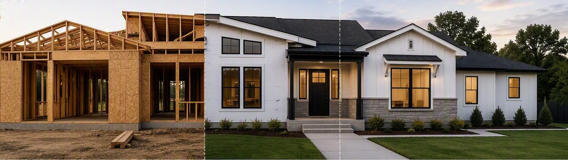 One house shown in three stages: framed and sheathed, then closed in with siding and roofing, then completed with landscaping and lights on