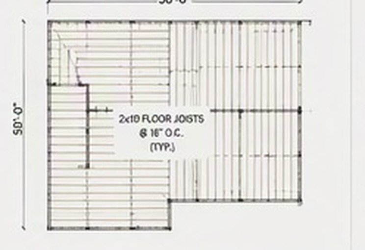 Floor framing plan showing 2 by 10 floor joists at 16 inches on centre