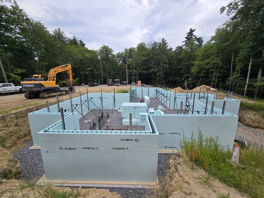 Insulated concrete form walls braced and aligned, ready for the concrete pour