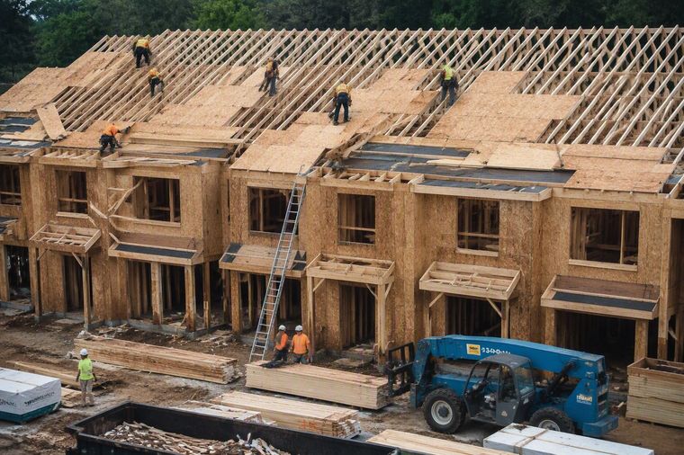 Crew sheathing a roof over open trusses on a townhouse block, with the first deck panels and underlayment going down