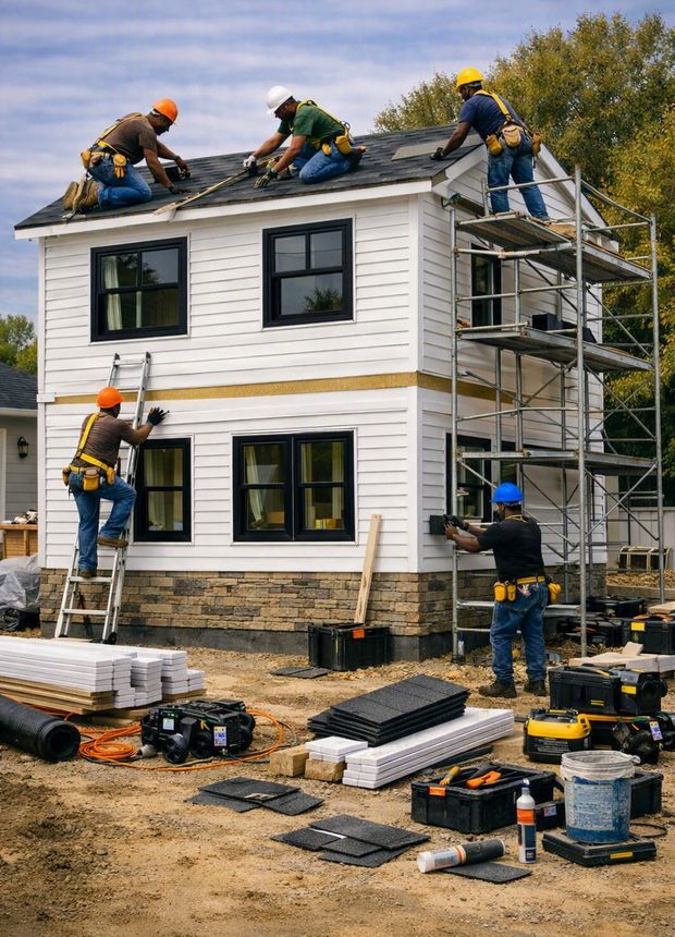 Crew nailing off shingles across the roof of a two storey build with the siding already on