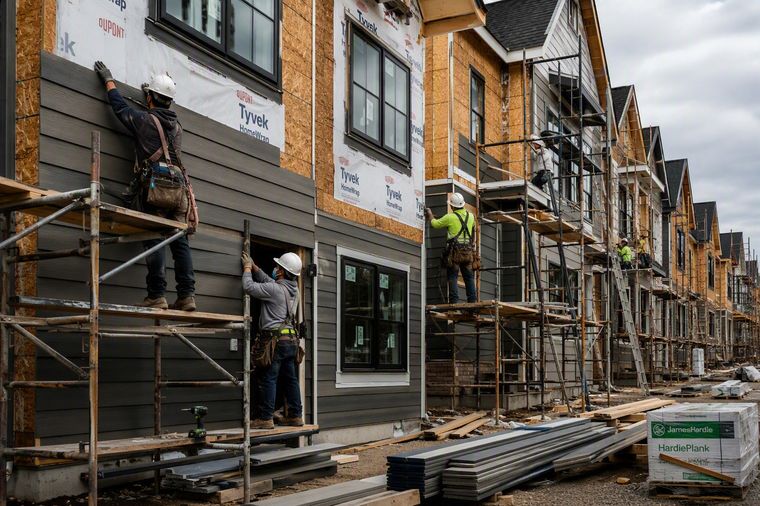 Crew hanging fiber cement lap siding over lapped house wrap on a row of townhouses, working off scaffold