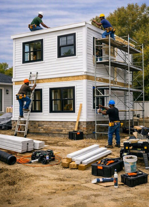 Crew running vinyl lap siding over the sheathing above a stone base, working off ladders and scaffold